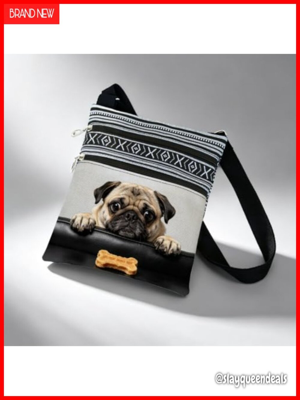 Pug Print Crossbody Bag Boho Polyester Adjustable Strap Multi Zip Purse Small - Picture 4 of 6
